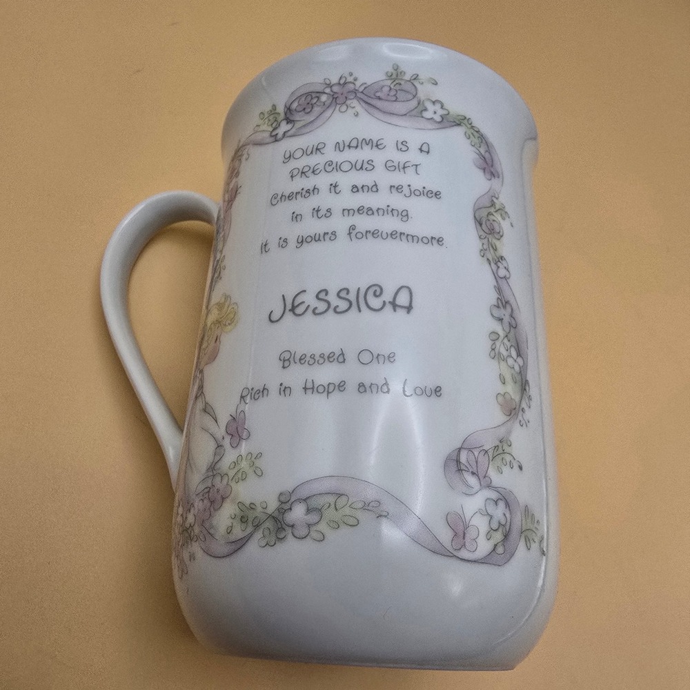 Vintage 1990 Precious Moments Jessica Name Coffee Mug Enesco Ceramic Blue White - Picture 6 of 14